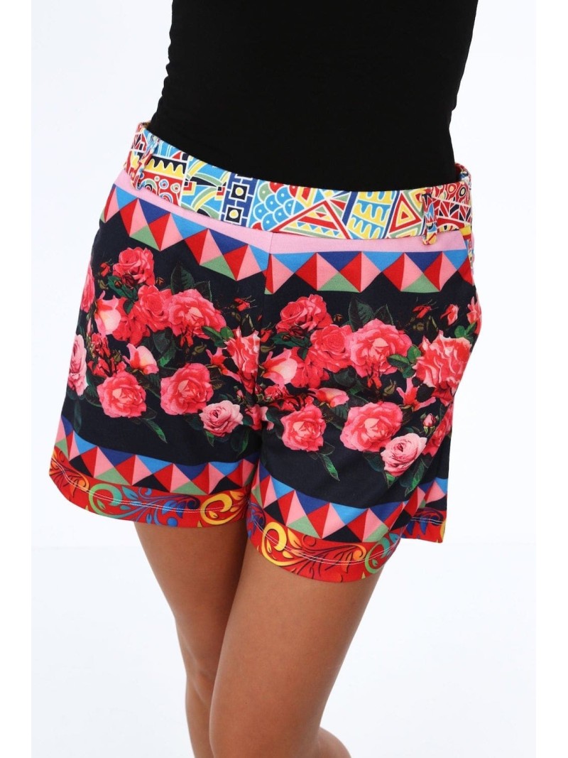 Women\'s short shorts with floral patterns, navy blue MP47112 - Online store - Boutique